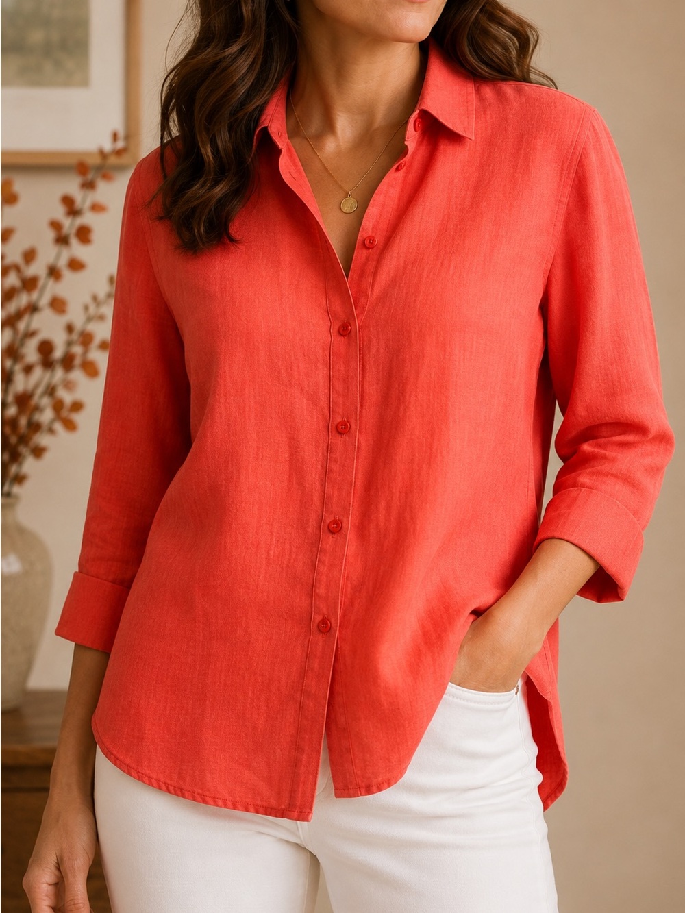 Chico’s No-Iron 100% Linen Coral Button Down Shirt – Size 2